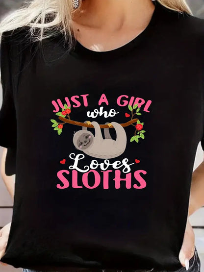 Girl Love Sloths Letter Print TShirts for Women