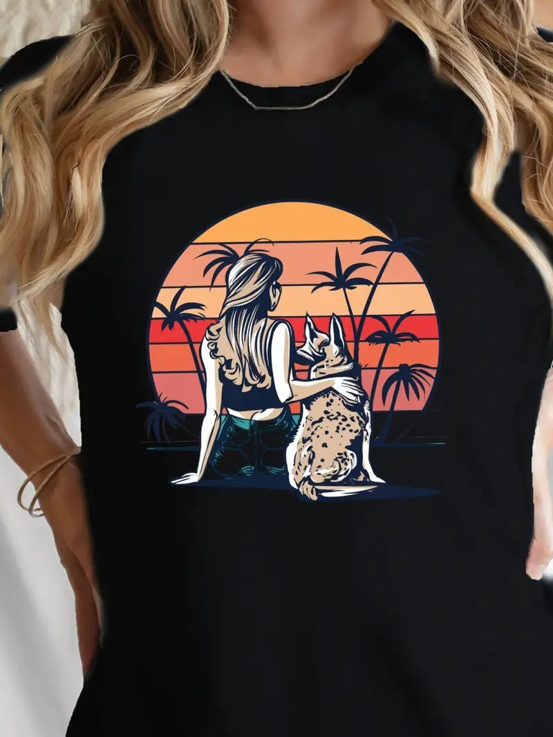 Lady and Dog Print Graphic Tee Gift for Dog Lovers