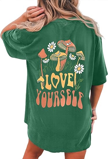 Mushroom  Letter Print Green Graphic Tee
