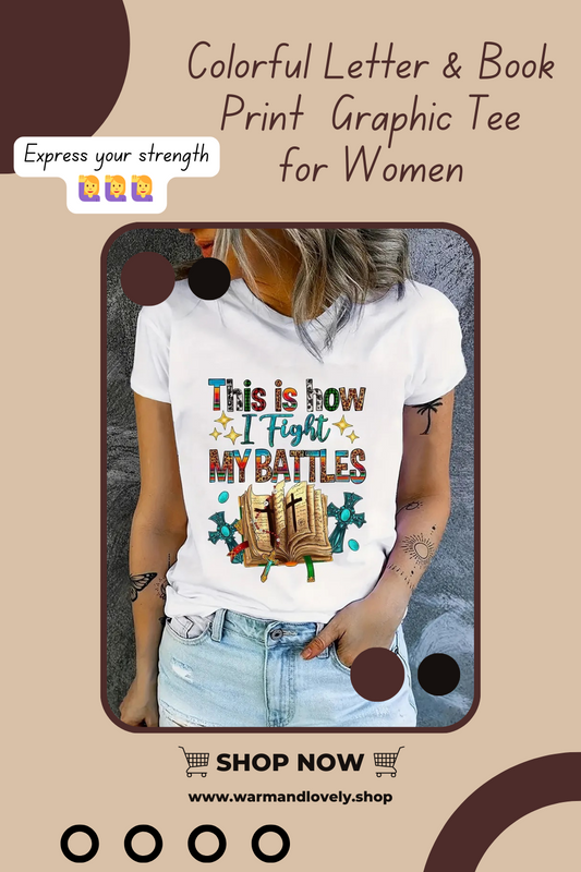 Colorful Letter & Book Print  Graphic Tee for Women