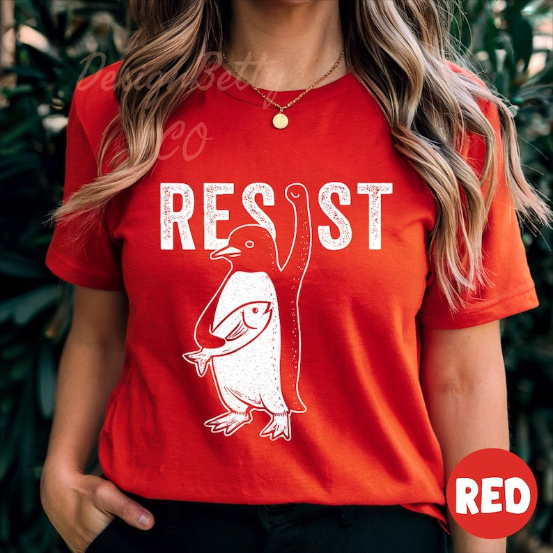 Resist Penguin T Shirt: Tariff-Conscious Protest Apparel for Eco Activists